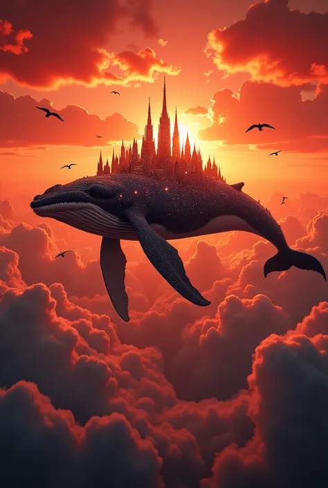 A region where the sky and dreams merge, A fantastic scene that makes you feel awe: majestic gray whales glide gracefully through the sky, The giant shadow rises in the red sunset. その広大な背中に, a sprawling city appears, ancient skin engraved with shining towe...