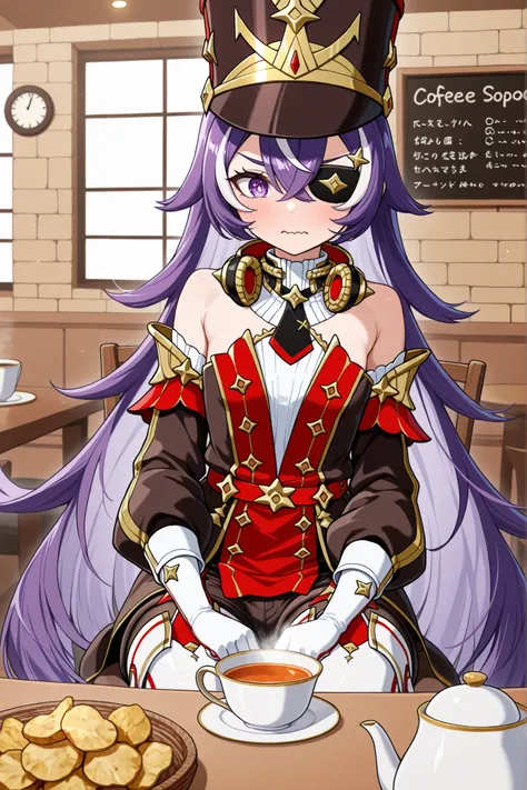 masterpiece, top quality, solo, Curvy,, zzChevreuse, PURPLE EYES, hair between the eyes, Long Hair, multicolored hair, purple hair, striped hair, white hair, has, earmuffs, eye patch, bare shoulders, Gold trim, 黒 butt under pants, butt under pants, Puff Sl...