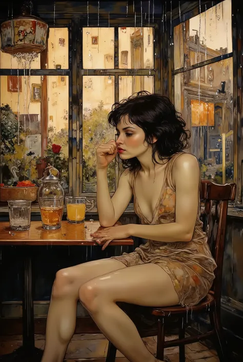 Relaxing in the Rain Cafe, Girl sitting at the table by the window, is pensive looking out of the window, It's raining outside, Water drops flowing down the glass, Raindrops in a puddle,  The girl wears  (Wet), The girl in the dress has black hair ((Wet fr...