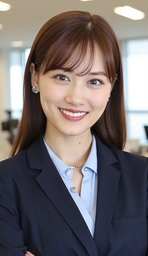 Neat Young Woman、and look at the camera、office lady suit、jacket、shirt、necklace、ear piercing、 pale brown hair、、smile showing teeth、、background is office