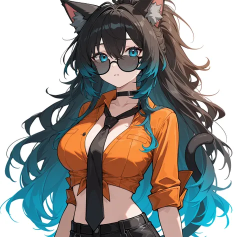 woman. cat ears, cat tail  messy black long ponytail hair with blue gradient, blue  eyes, orange dress shirt crop top open collar, digital anime style, zenless zone zero style
