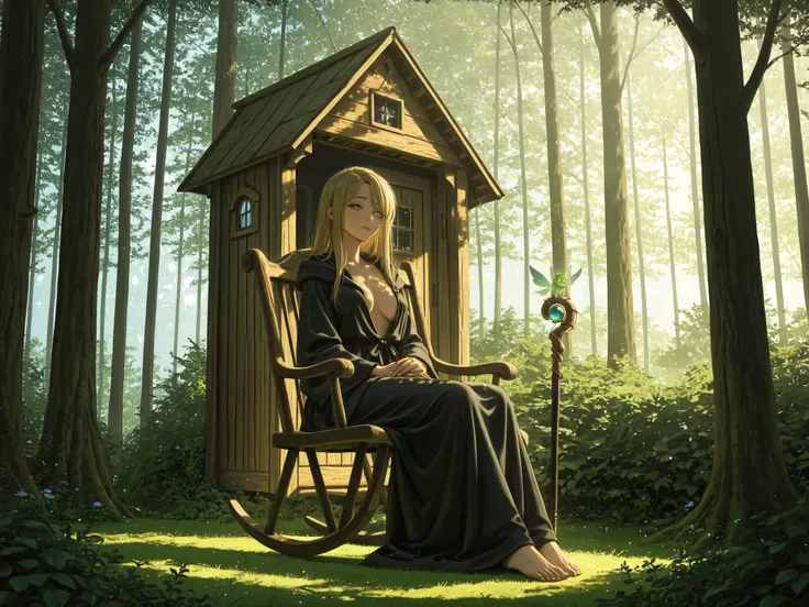 A retired witch sitting peacefully in a rocking chair in front of a small wooden cottage deep in a quiet forest. She is basking in gentle, dappled sunlight filtering through the trees. She wears a flowing, pitch-black robe that hints at her magical past. H...