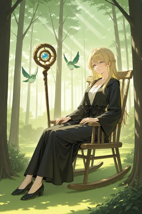 A retired witch sitting peacefully in a rocking chair in front of a small wooden cottage deep in a quiet forest. She is basking in gentle, dappled sunlight filtering through the trees. She wears a flowing, pitch-black robe that hints at her magical past. H...
