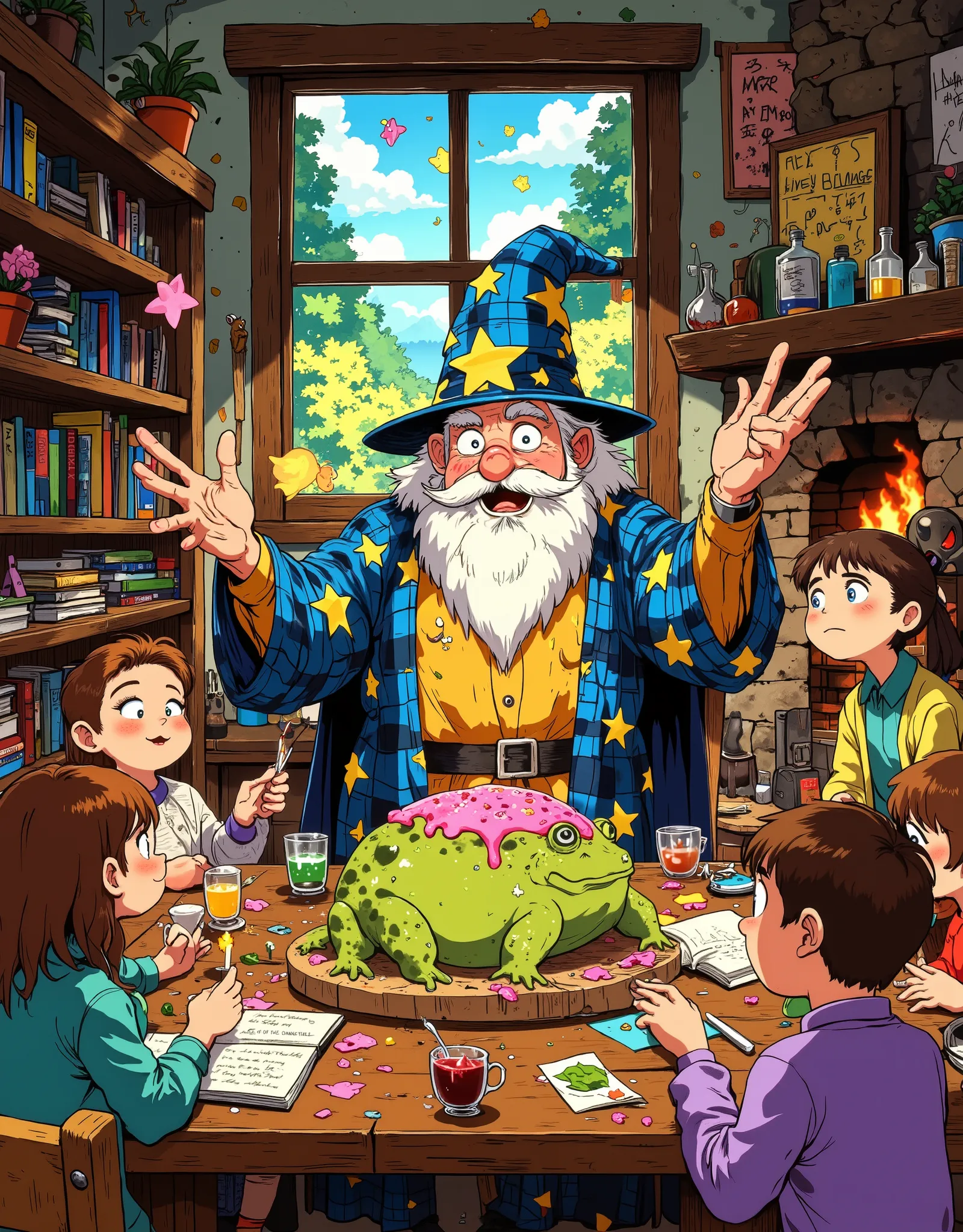A dynamic, warm and detailed cartoon-style scene with a vibrant, juicy palette. An old wizard with a white beard, in a rumpled cap and a cozy plaid robe, enthusiastically waves his wand, standing at a wooden table littered with magic books and reagents, an...