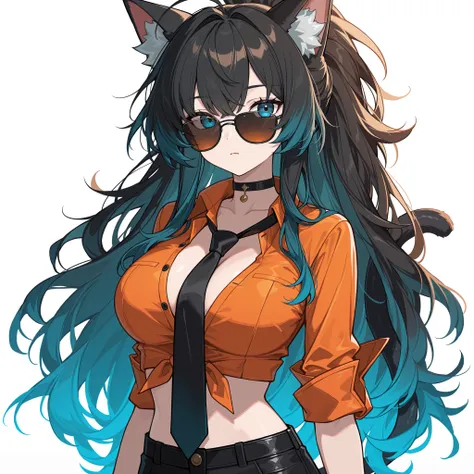 woman. cat ears, cat tail  messy black long ponytail hair with blue gradient, blue  eyes, sunglasses, orange dress shirt crop top open collar, digital anime style, zenless zone zero style
