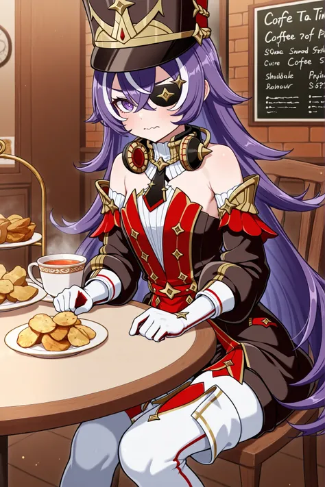 masterpiece, top quality, solo, Curvy,, zzChevreuse, PURPLE EYES, hair between the eyes, Long Hair, multicolored hair, purple hair, striped hair, white hair, has, earmuffs, eye patch, bare shoulders, Gold trim, 黒 butt under pants, butt under pants, Puff Sl...