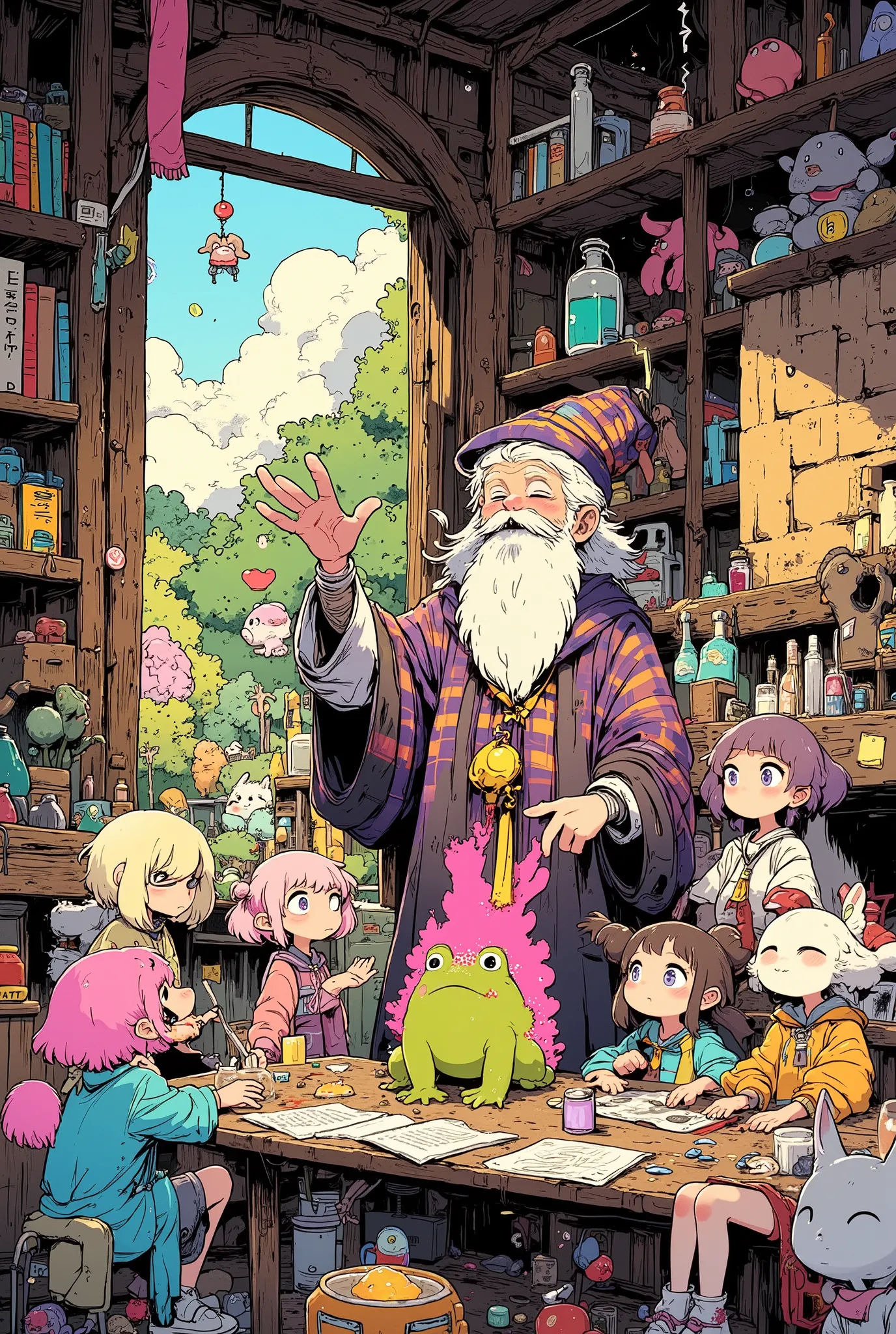 A dynamic, warm and detailed cartoon-style scene with a vibrant, juicy palette. An old wizard with a white beard, in a rumpled cap and a cozy plaid robe, enthusiastically waves his wand, standing at a wooden table littered with magic books and reagents, an...