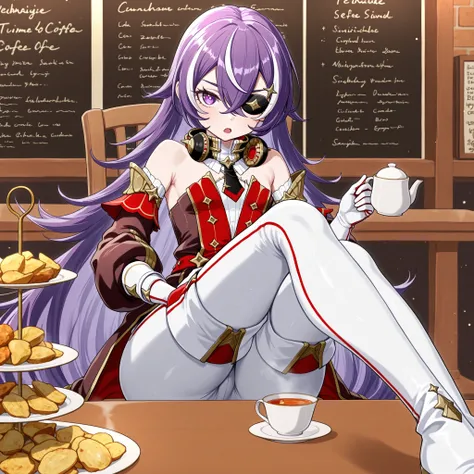 masterpiece, top quality, solo, Curvy,, zzChevreuse, PURPLE EYES, hair between the eyes, Long Hair, multicolored hair, purple hair, striped hair, white hair, has, earmuffs, eye patch, bare shoulders, Gold trim, 黒 butt under pants, butt under pants, Puff Sl...