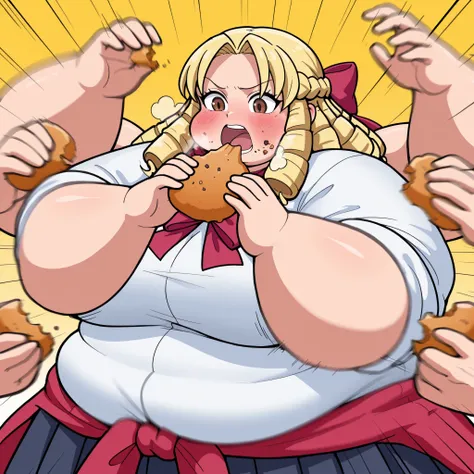 solo, Kanzuki karin blond  drill hair, brown eyes, , large breasts,white shirt,red bow,sleeves rolled up,sweater around waist,pleated_skirt,BREAK, tones of food, rush with food,food rush,multiple hands with food, multiple food,,hands with food,(motion_blur...