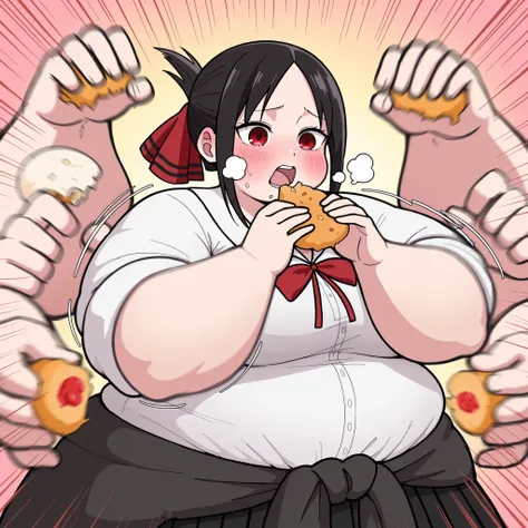 solo, Shinomiya Kaguya, black hair, red eyes, , large breasts,white shirt,red bow,sleeves rolled up,sweater around waist,pleated_skirt,BREAK, tones of food, rush with food,food rush,multiple hands with food, multiple food,,hands with food,(motion_blur:1.2)...