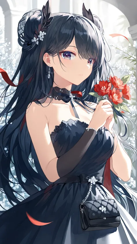 beautiful korean highschool girl, dark black long hair with pinned white-red flower ribbon near her right ear, wearing elegant and flowy dark blue lace prom dress and holding elegant black purse in her hand. The background is school prom.