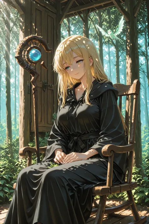 A retired witch sitting peacefully in a rocking chair in front of a small wooden cottage deep in a quiet forest. She is basking in gentle, dappled sunlight filtering through the trees. She wears a flowing, pitch-black robe that hints at her magical past. H...