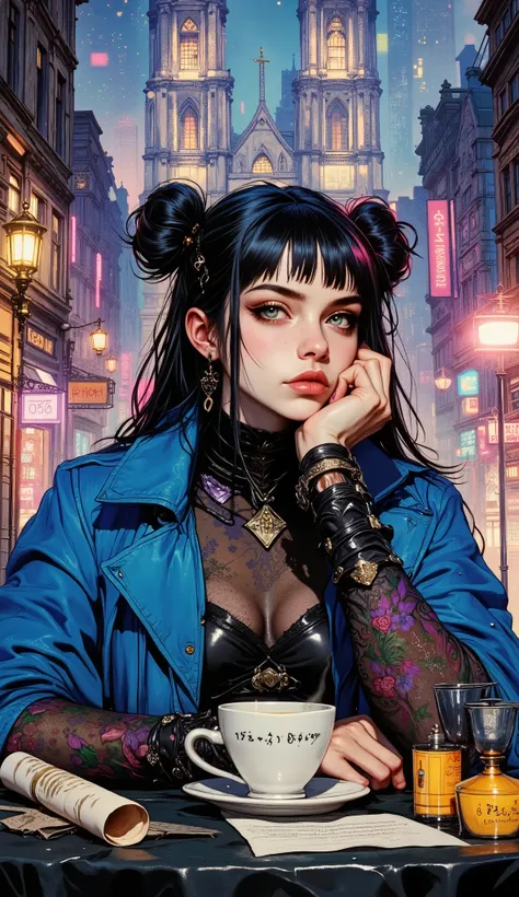 A highly detailed digital illustration depicting a futuristic Gothic-style scene. In the center of attention is a young girl with pale skin and very light blue eyes. She has long, straight, shiny black hair, gathered in two high buns, with a few loose stra...