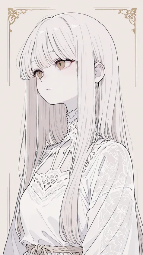  perfect anatomy,    Japanese girl , solo、one girl、少し短い首:1.7, albino skin, gray hair,    Straight Long Hair  ,  light brown eyes, Change Color to High Neck Lace Fabric,  white clothes,   Artistic.