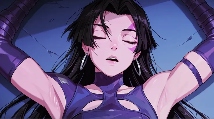 masterpiece, best quality, amazing quality, anime screencap, anime coloring, 1girl, solo, psylocke_vengeance, blue eyes, black hair, straight hair, long hair, hoop earrings, jewelry, purple leotard, clothing cutout, purple gloves, elbow gloves, Raise arms ...