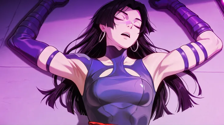 masterpiece, best quality, amazing quality, anime screencap, anime coloring, 1girl, solo, psylocke_vengeance, blue eyes, black hair, straight hair, long hair, hoop earrings, jewelry, purple leotard, clothing cutout, purple gloves, elbow gloves, Raise arms ...