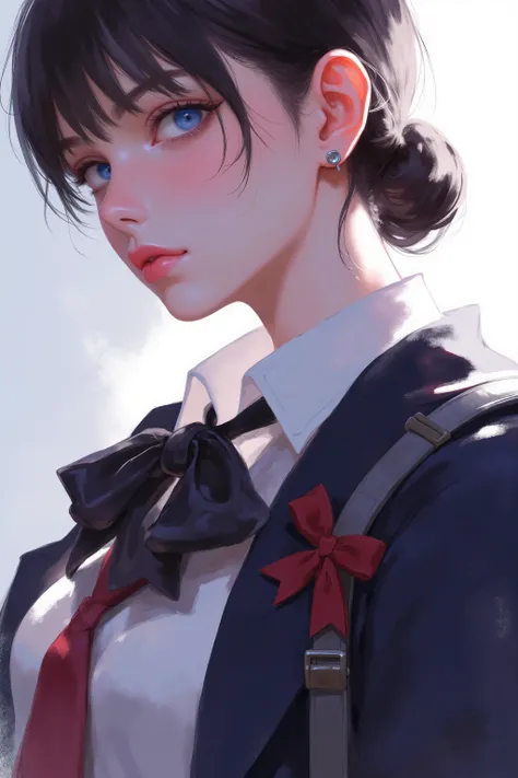 The image depicts a highly detailed and vibrant illustration of a young woman with striking blue eyes and dark hair tied back. She is wearing a school uniform consisting of a white blouse with a large black bow at the collar and a dark jacket adorned with ...