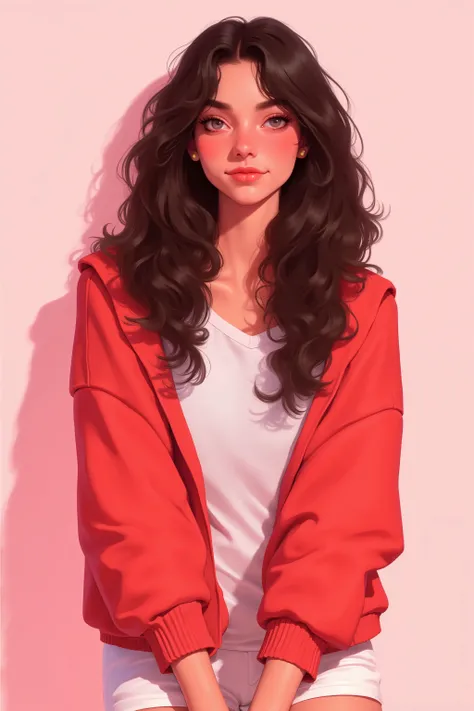 The image depicts a person with long, wavy black hair cascading over their shoulders. They are wearing a red jacket over a white shirt, with the sleeves rolled up to the elbows. The background is a soft, pastel pink, creating a warm and inviting atmosphere...