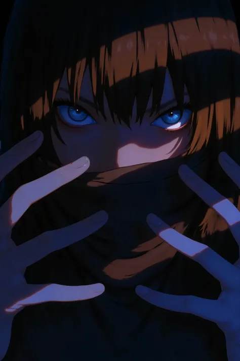 The image depicts an anime-style character with dark hair and piercing blue eyes, partially obscured by their hands. The character's hands are positioned in front of their face, with fingers spread wide, creating a sense of tension or contemplation. The ba...