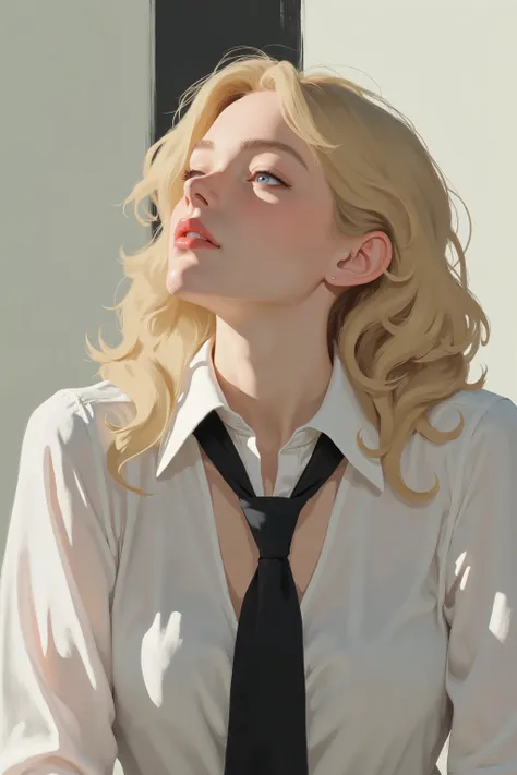 The image depicts a highly detailed and stylized illustration of a woman with blonde hair styled in loose waves. She is wearing a white blouse with a black tie that is tied loosely around her neck. The woman's expression is contemplative, with her gaze dir...