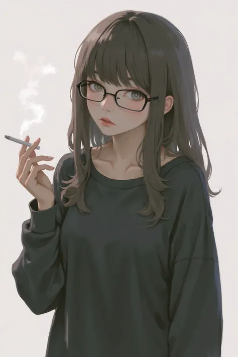 The image depicts an anime-style illustration of a woman with long, dark hair and glasses, holding a cigarette in her right hand. She is dressed in a dark, loose-fitting top that covers her shoulders and upper chest. The background is minimalistic, featuri...