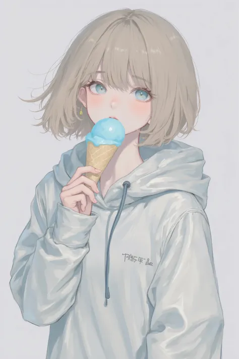 The image depicts an anime-style character with short, light brown hair and striking blue eyes. The character is wearing a reflective, silver raincoat that catches the light, giving it a glossy appearance. They are holding a blue ice cream cone close to th...