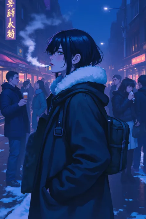 The image depicts a group of individuals standing in a snowy urban setting at night. The central figure is a person with dark hair and a fur-lined hooded jacket, exhaling a cloud of smoke from a cigarette. The background features other people, some holding...