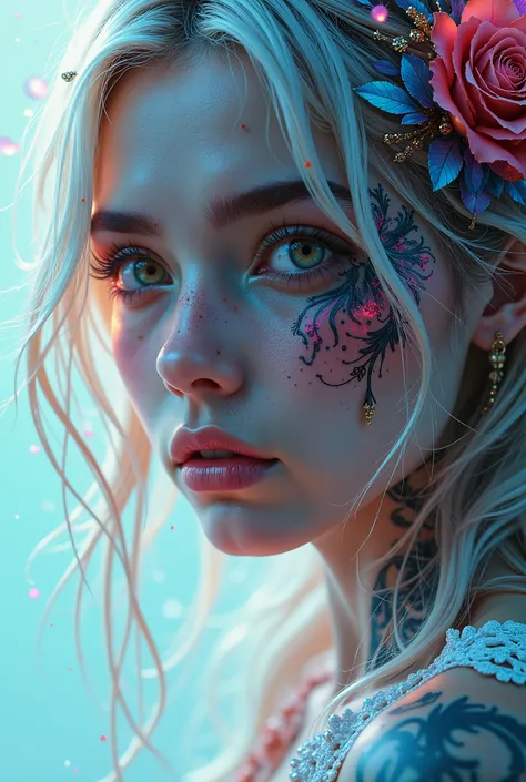 Lovely white haired girl on her face The tattoo is beautiful, masterpiece, best quality, High detail, clearly,