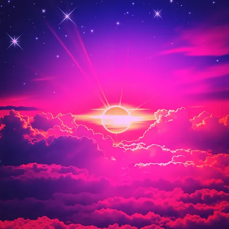 A vibrant depiction of a sunset casts a surreal palette across the sky and clouds, immersing the scene in rich, psychedelic hues. The sun, partially obscured by a dense layer of fluffy clouds, emits warm, radiant beams that pierce through the vivid pink an...