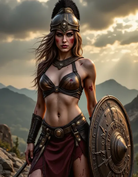 Masterpiece, Top Quality, Ancient Greek warrior, female gladiator, Spartan helmet with black plume, bronze armor, leather skirt, spear and shield, muscular physique, long flowing hair, her skin is covered in blood and mud and cuts, dramatic lighting, cloud...