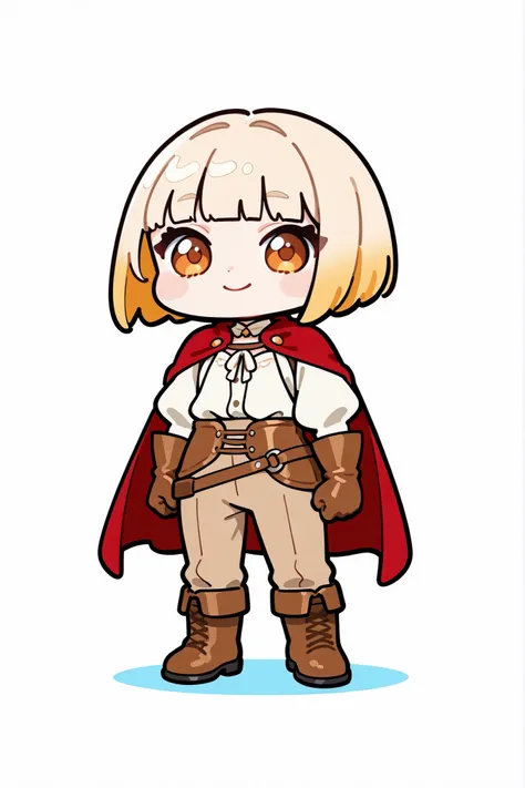 (chibi, kenbis, kawaii style, high quality, detailed, white background, wearing rouge medieval leather hide armor with beige button-up blouse, brown trousers, leaher boots, leather gloves and red cape), masterpiece, best quality, amazing quality, highres, ...