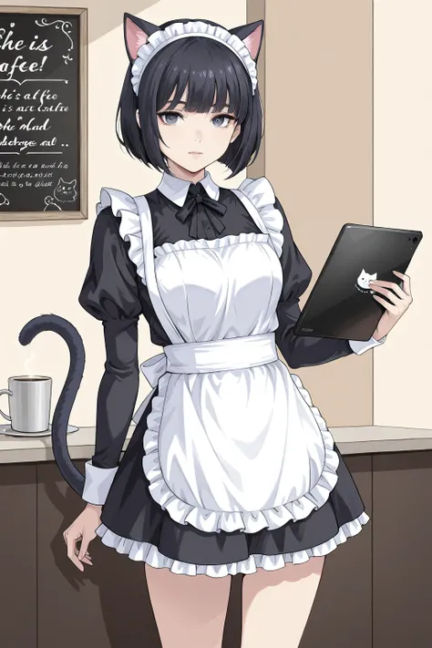 one woman standing、mayahell,black hair,dark eyes,bob cut,she has a cat-ear headband on her head、she is wearing a maid outfit、She's wearing a cat's tail、she has a tablet in her hand、cafe、night、Cats are all over the place、