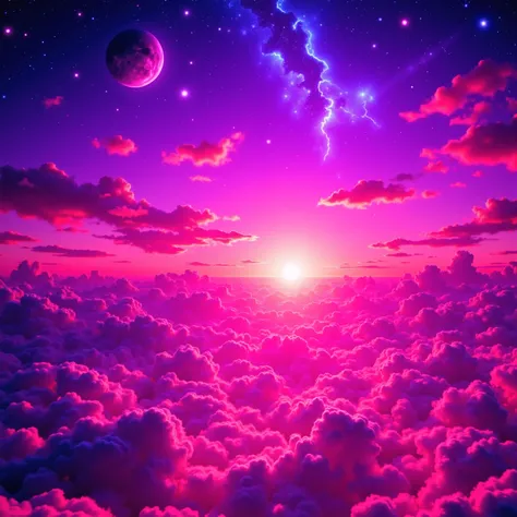 Ultra-realistic, photo-realistic, ultra-detailed, 4k, A vibrant 3D depiction of a sunset casts a surreal palette across the sky and clouds, immersing the scene in rich, psychedelic hues. The sun, partially obscured by a dense layer of fluffy clouds, emits ...