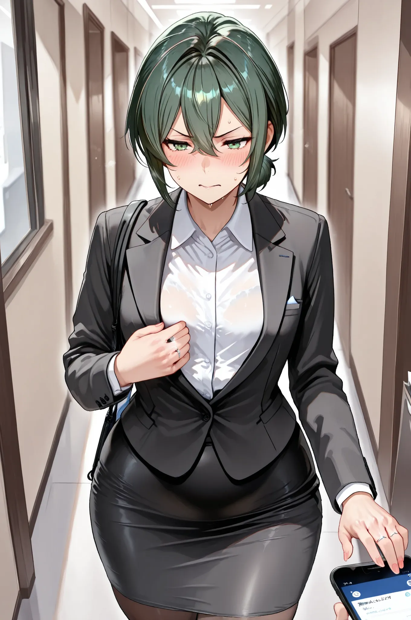 Japanese Women, masterpiece,  top quality,  complicated details, high resolution, is anatomically correct, 1 woman in the body,
small breast, huge hips, mature female, milf, motherly,

green hair, hair between eyes, short hair, 
green eyes, Engagement Ring...