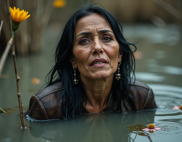 from afar full frame, Above, overdetailed, composition with fatal symbolism, masterpiece, vintage ultra-sharp photo tuning, Surrealistic, expression of emotional crisis , black night light ,wet dripping exhausted trembling simple ugly [ botox botox facia...