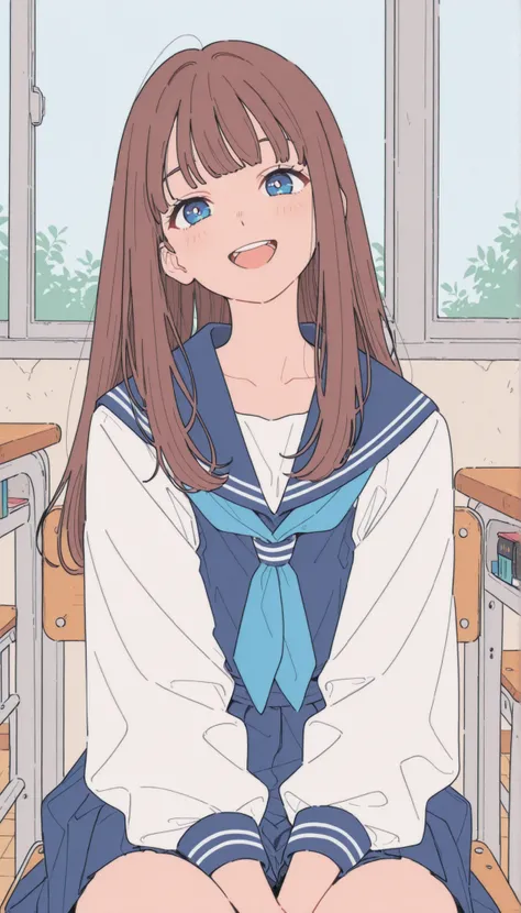 masterpiece,最High Quality,High Quality,very sophisticated,Absard Dress, Newest, anime coloring, 2D, anime style,
1 girl, long hair, viewers, , smile, :d, sitting, open your mouth, happy, indoor, books, window, , Machine, classroom, school Machine, on , s...