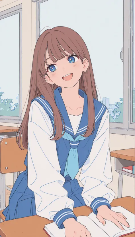 masterpiece,最High Quality,High Quality,very sophisticated,Absard Dress, Newest, anime coloring, 2D, anime style,
1 girl, long hair, viewers, , smile, :d, sitting, open your mouth, happy, indoor, books, window, , Machine, classroom, school Machine, on , s...