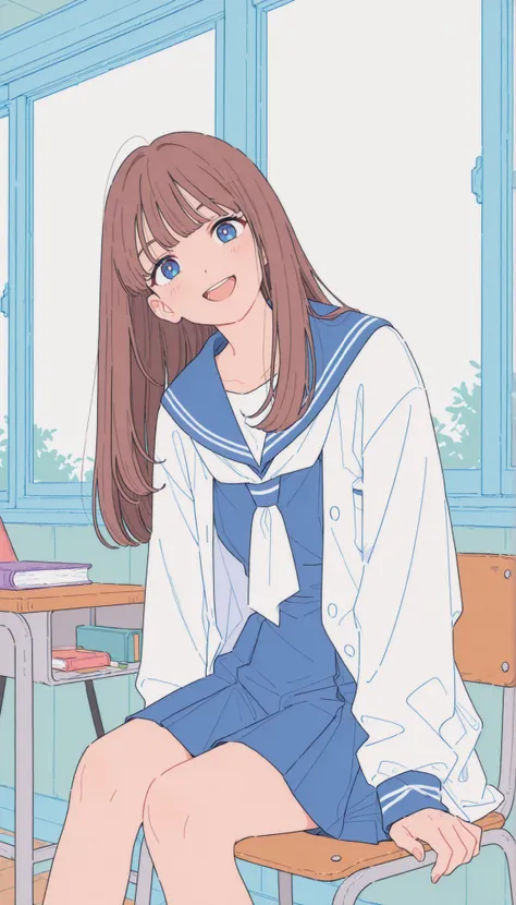 masterpiece,最High Quality,High Quality,very sophisticated,Absard Dress, Newest, anime coloring, 2D, anime style,
1 girl, long hair, viewers, , smile, :d, sitting, open your mouth, happy, indoor, books, window, , Machine, classroom, school Machine, on , s...