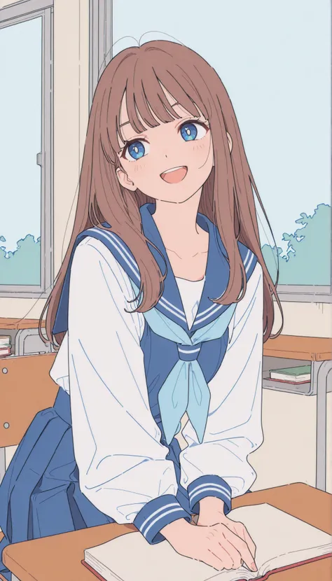 masterpiece,最High Quality,High Quality,very sophisticated,Absard Dress, Newest, anime coloring, 2D, anime style,
1 girl, long hair, viewers, , smile, :d, sitting, open your mouth, happy, indoor, books, window, , Machine, classroom, school Machine, on , s...