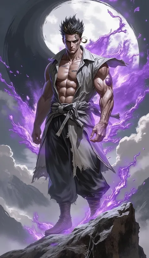 (masterpiece, best quality, highres, professional character illustration), dynamic composition. A tall, powerfully built young martial artist, exuding an aura of arrogant untamed power. He has handsome and mighty face, confident eyes, a wild arrogant smile...