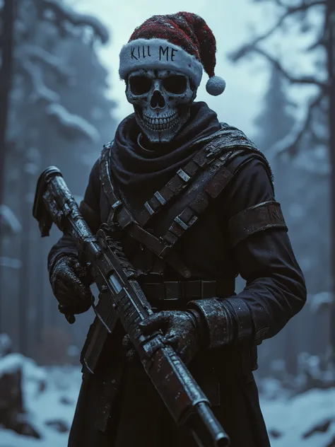 arafed soldier with a gun and a santa hat on a snowy day, (("KILL ME" Written across the white of the Santa hat.))  8k highly detailed ❤🔥 🔥 💀 🤖 🚀, with rifle, reaper from overwatch, profile pic, heavy winter aesthetics, cold, profile picture 1024px, carryi...