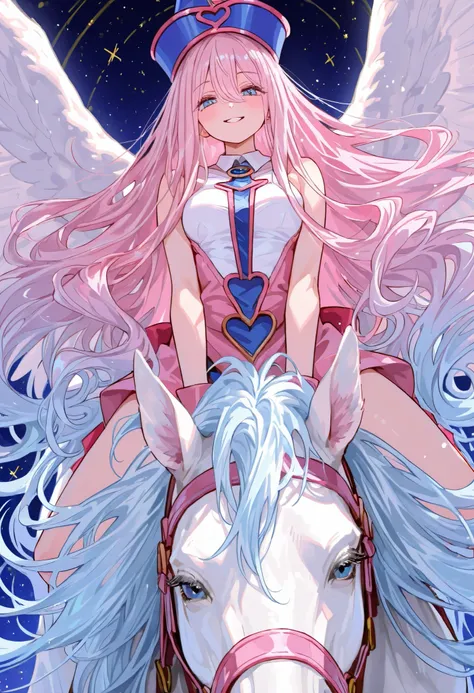 Nice human girl magician, intense lightblue eyes, very long long long wavy lightpink hair  ride a Fierce Big White horse with wings Pegaso  in background.
