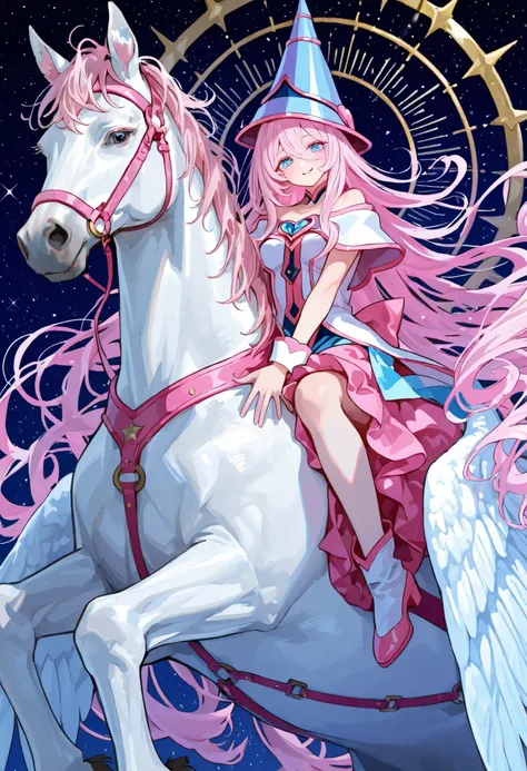 Nice human girl magician, intense lightblue eyes, very long long long wavy lightpink hair  ride a Fierce Big White horse with wings Pegaso  in background.

