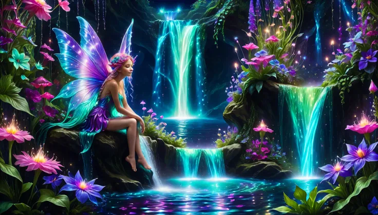 Shiny purple |Shiny pink|Shiny Turquoise Green|Shiny Cobalt Blue|Shiny Purple|blue waterfall amongst strange magic flowers, At night, glowing fairy lights , magic, High quality fairyland waterfall, Realistic Water, ripple, 8k,insanely detailed,so many flow...