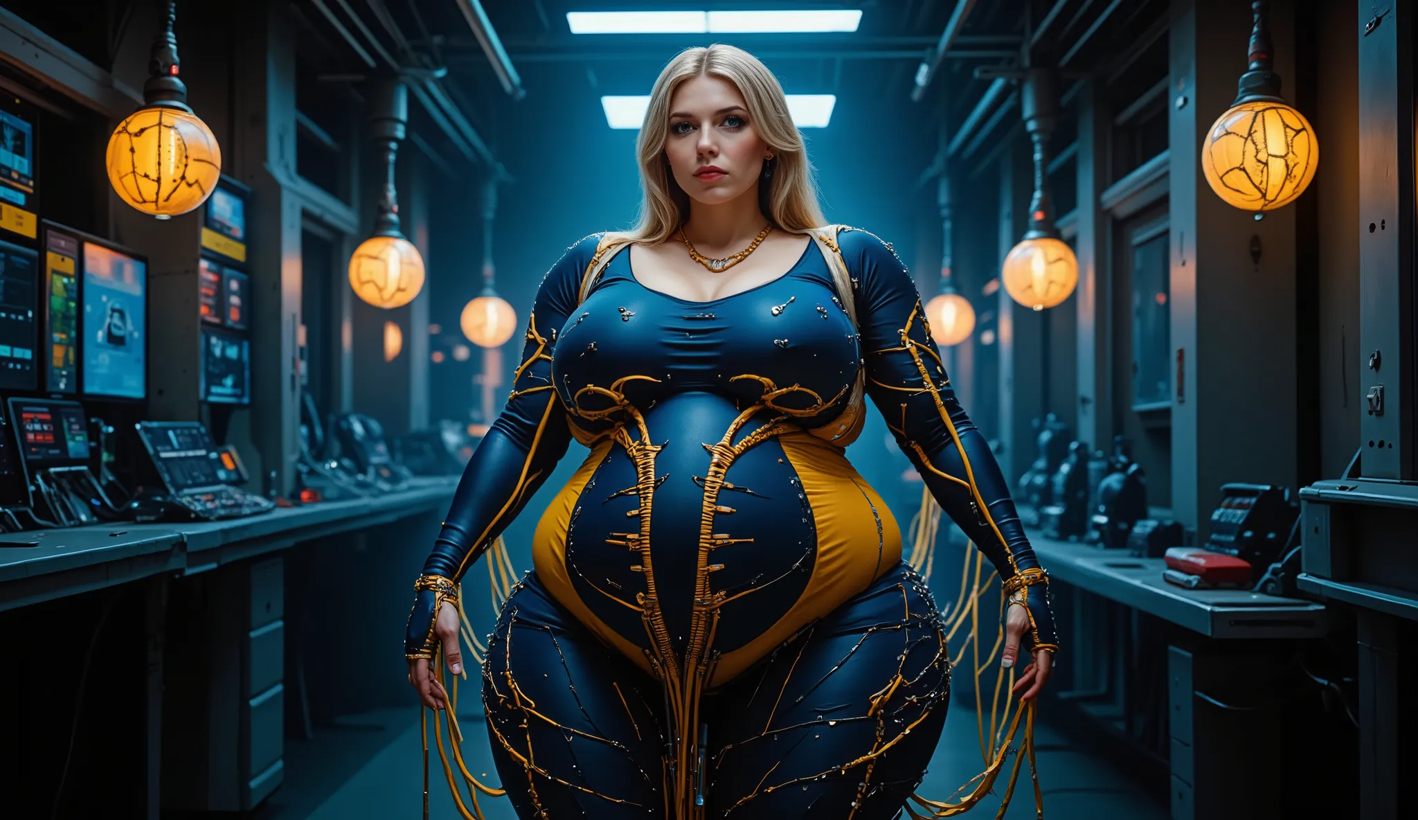 Stand in a dark laboratory(darkness:2.5, Neon proof:2.5),pregnant woman, pregnant woman, pregnant woman, Sexy Leotard(dark blue:1.9, Yellow:0.9), with countless cables coming out of my body(Yellow:1.9, LED Decorations    :1.9), plump plus size European mod...