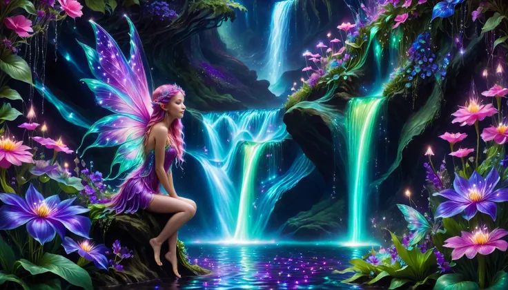 Shiny purple |Shiny pink|Shiny Turquoise Green|Shiny Cobalt Blue|Shiny Purple|blue waterfall amongst strange magic flowers, At night, glowing fairy lights , magic, High quality fairyland waterfall, Realistic Water, ripple, 8k,insanely detailed,so many flow...