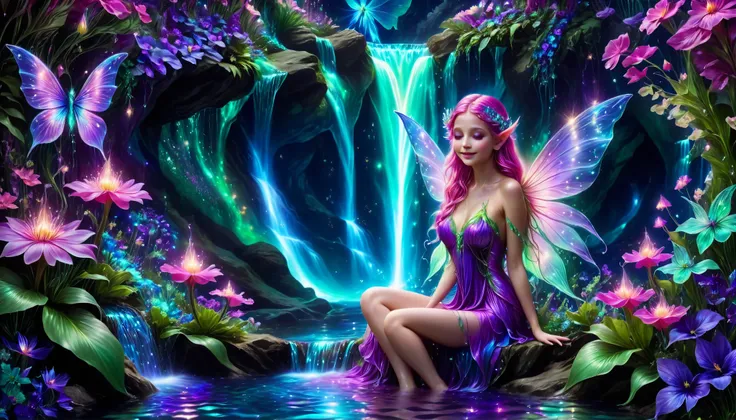 Shiny purple |Shiny pink|Shiny Turquoise Green|Shiny Cobalt Blue|Shiny Purple|blue waterfall amongst strange magic flowers, At night, glowing fairy lights , magic, High quality fairyland waterfall, Realistic Water, ripple, 8k,insanely detailed,so many flow...