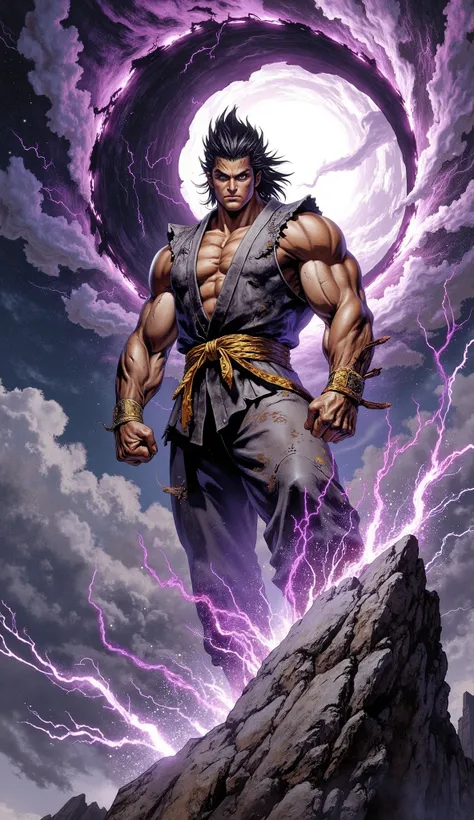 (Masterpiece, 8K resolution, best quality, hyper-detailed, photorealistic), award-winning character art, fantasy realism.
A colossal young martial artist, a titan of raw, untamed power, stands in a defiant, proud stance atop a jagged, windswept mountain pr...