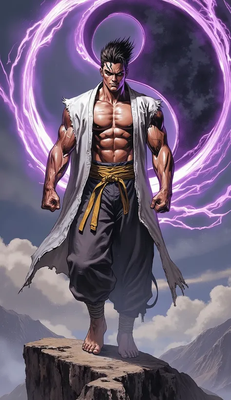 (masterpiece, best quality, highres, professional character illustration), dynamic composition. A tall, powerfully built young martial artist, exuding an aura of arrogant untamed power. He has handsome and mighty face, confident eyes, a wild arrogant smile...