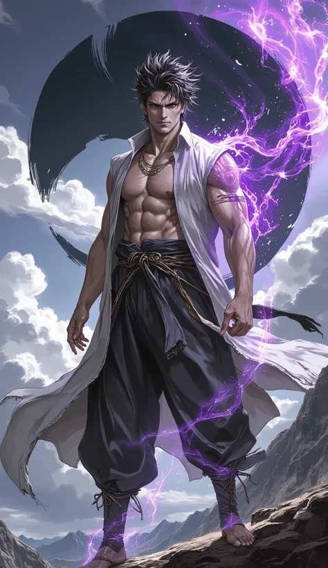 (masterpiece, best quality, highres, professional character illustration), dynamic composition. A tall, powerfully built young martial artist, exuding an aura of arrogant untamed power. He has handsome and mighty face, confident eyes, a wild arrogant smile...
